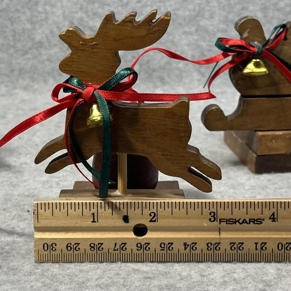 Vintage Christmas Around the World Wood Sleigh Reindeer Taper Candle Holders Set